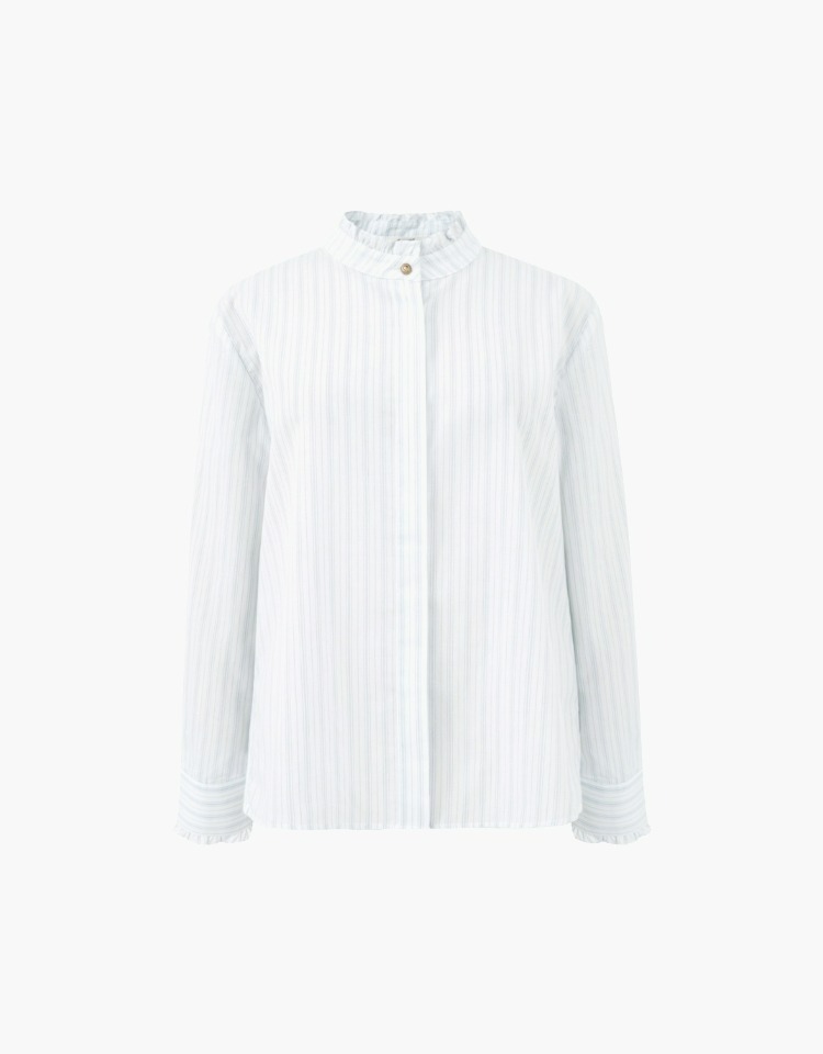 [예약배송 10/5]gold button frill blouse (blue stripe)